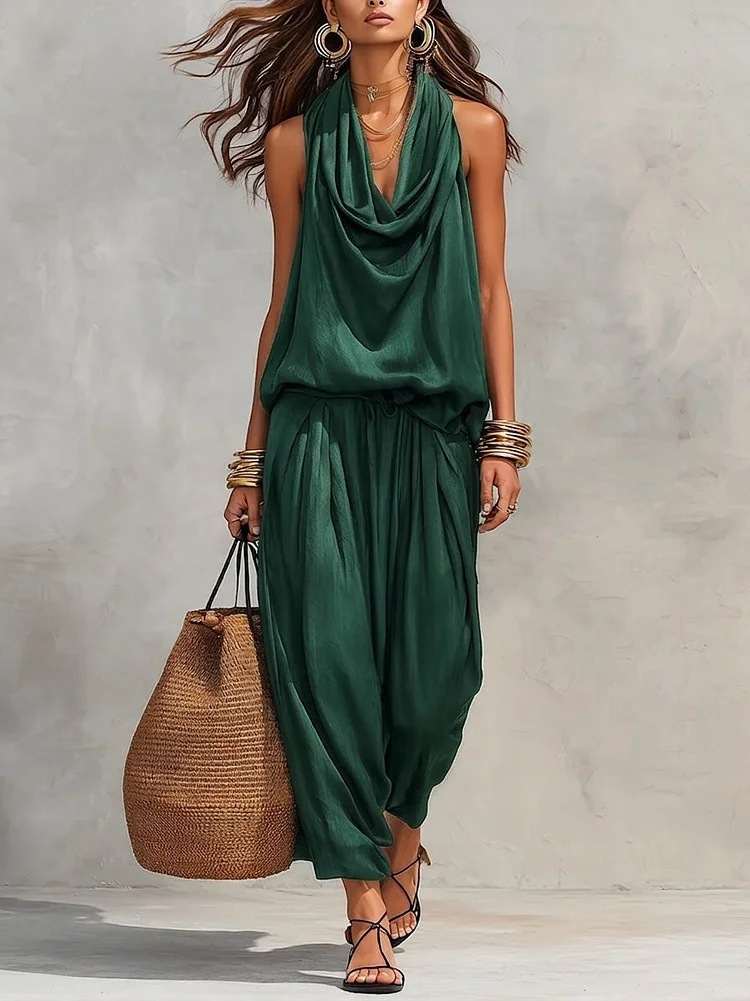 Angela | Completo con Top Halter e Pantaloni Larghi Plissettati
