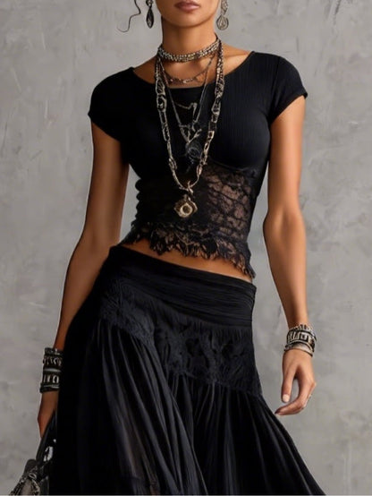 Rebecca | Completo con Top in Pizzo e Gonna Maxi Plissettata in Chiffon