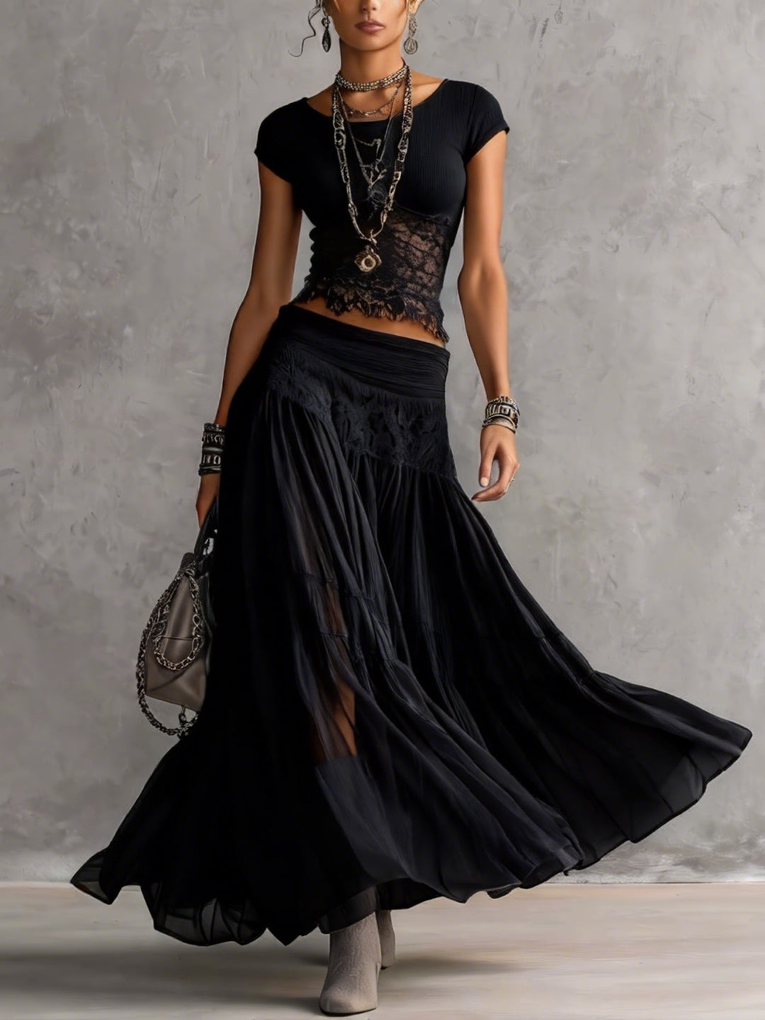 Rebecca | Completo con Top in Pizzo e Gonna Maxi Plissettata in Chiffon