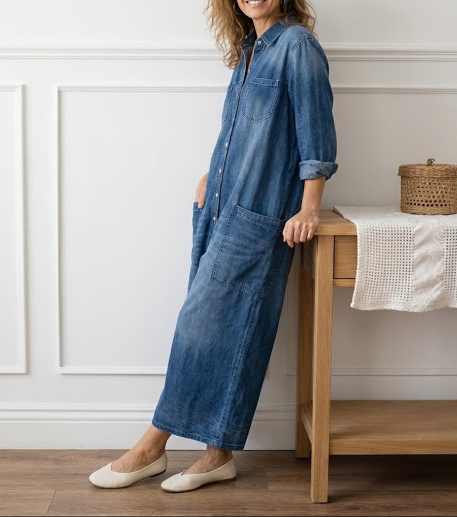 Rebecca | Salopette Vintage in Denim Lavato con Bottoni