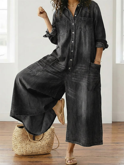 Rebecca | Salopette Vintage in Denim Lavato con Bottoni