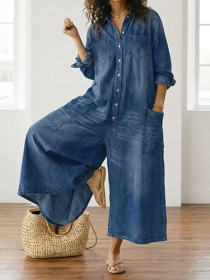 Rebecca | Salopette Vintage in Denim Lavato con Bottoni