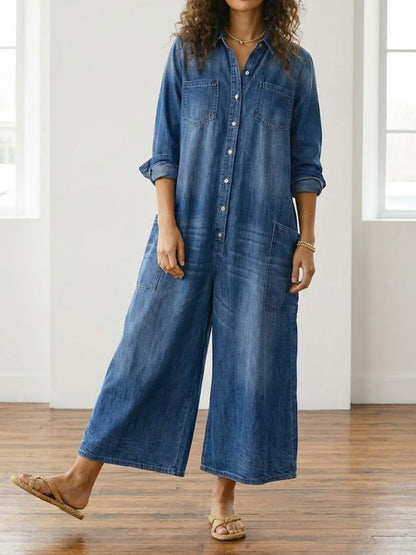 Rebecca | Salopette Vintage in Denim Lavato con Bottoni