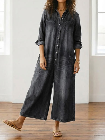 Rebecca | Salopette Vintage in Denim Lavato con Bottoni