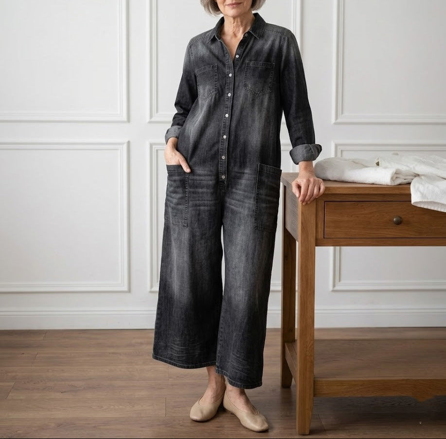Rebecca | Salopette Vintage in Denim Lavato con Bottoni