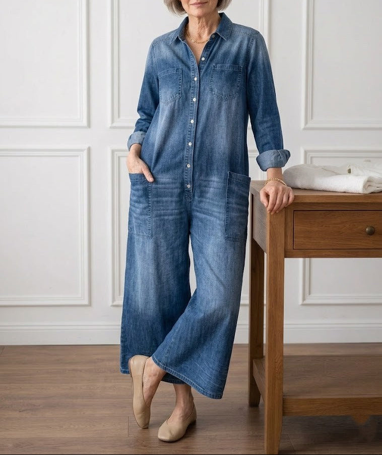 Rebecca | Salopette Vintage in Denim Lavato con Bottoni